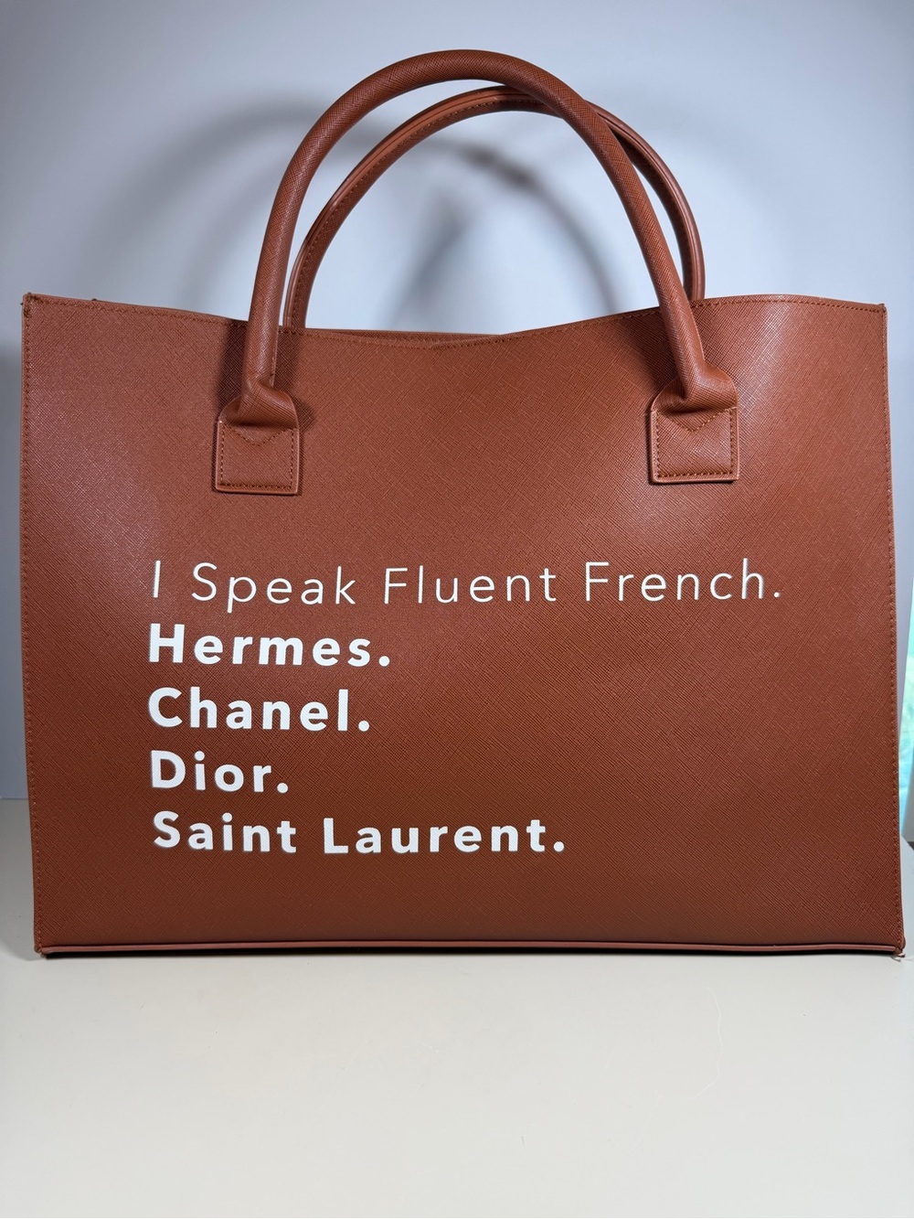 Brown Leather Tote with White Slogan Print